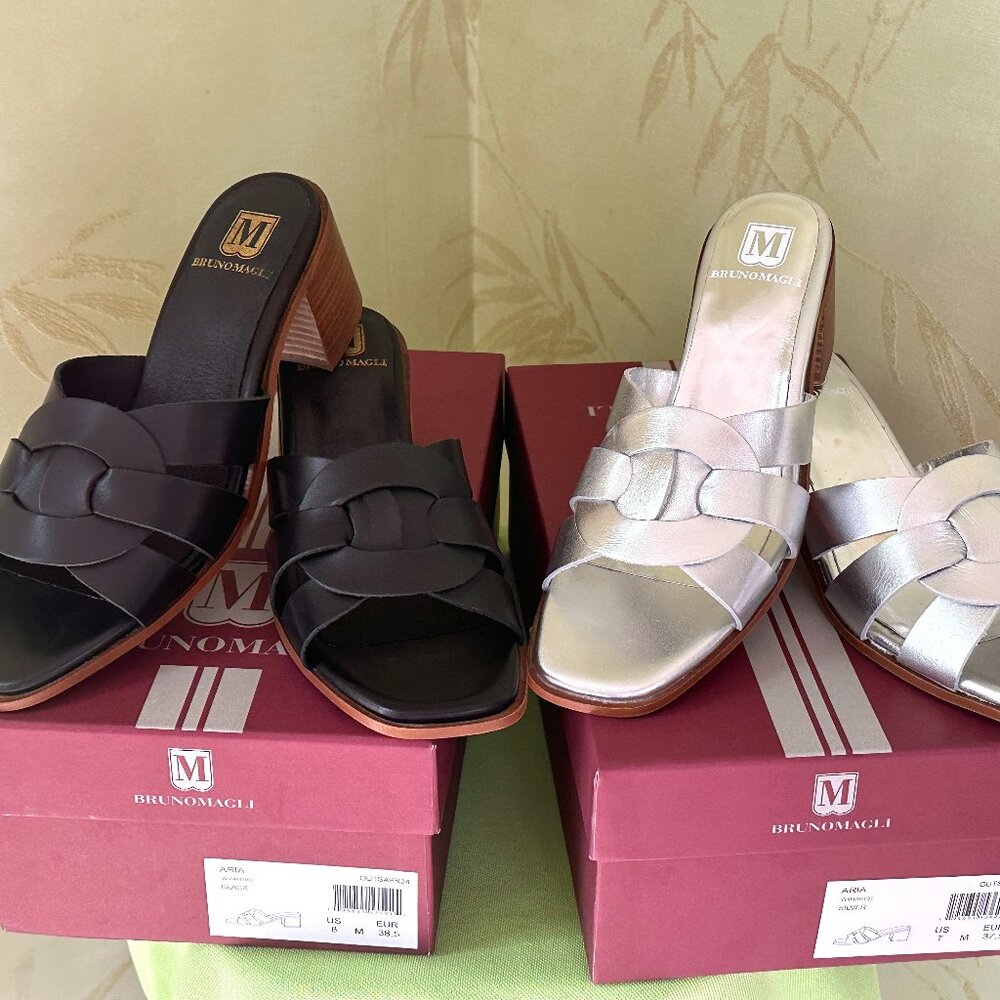 BRUNO MAGLI ARIA BLOCK HEEL SLIDE SANDALS:NIB SILVER or BLACK 7,8  Retail: $325